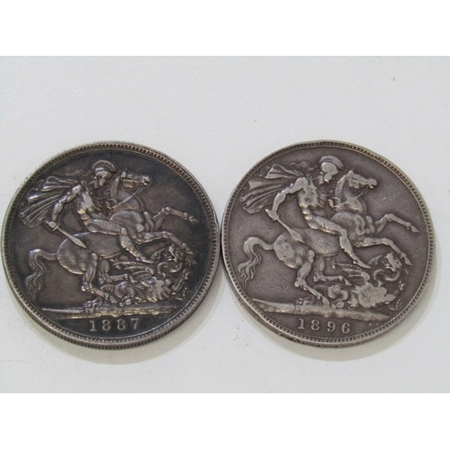 36 - VICTORIAN SILVER CROWNS x 2: 1887 ‘Jubilee Head’ & 1896 ‘Old Veiled Head’ A.R. LIX crowns in circula... 