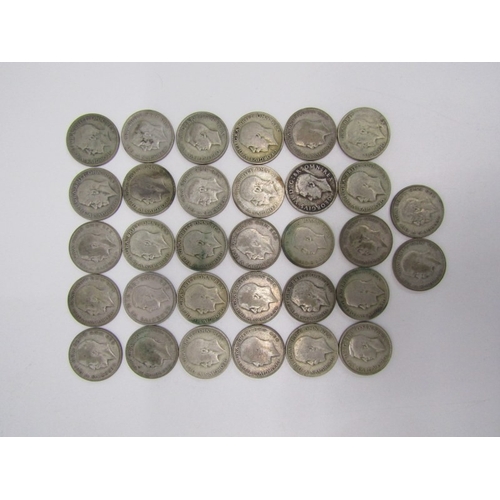 38 - PRE 1947 SILVER HALF CROWNS X 32, 443 grams approx in mixed grades