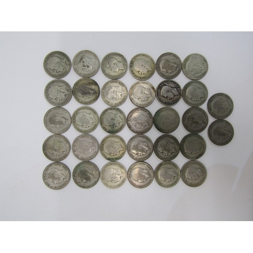 38 - PRE 1947 SILVER HALF CROWNS X 32, 443 grams approx in mixed grades