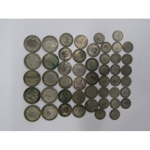 39 - PRE 1947 SILVER FLORINS X10, shillings x 17 and sixpences x 22, 261gms approx. In mixed grades