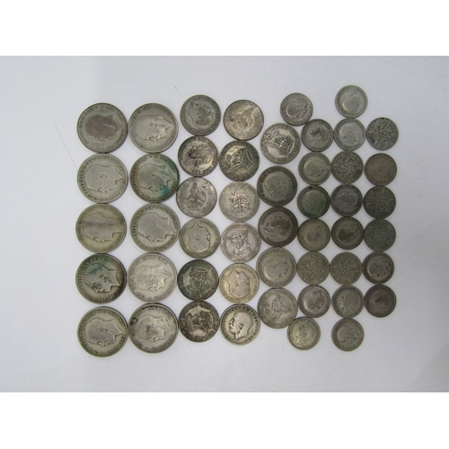 39 - PRE 1947 SILVER FLORINS X10, shillings x 17 and sixpences x 22, 261gms approx. In mixed grades
