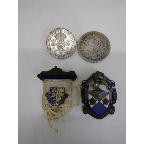 41 - 1889 VICTORIA SILVER HALF CROWN, 1937 Coronation florin brooch, Royal Masonic Institution for Girls ... 