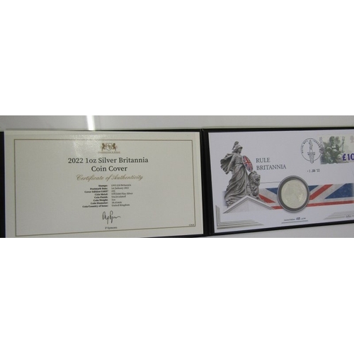 56 - 2022 fine silver Britannia 2 pounds 1 ounce of .999 fineness sealed on coin cover ‘Rule Britannia’ i... 