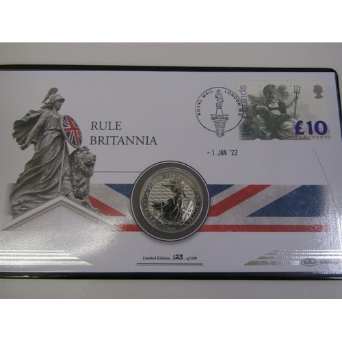 56 - 2022 fine silver Britannia 2 pounds 1 ounce of .999 fineness sealed on coin cover ‘Rule Britannia’ i... 