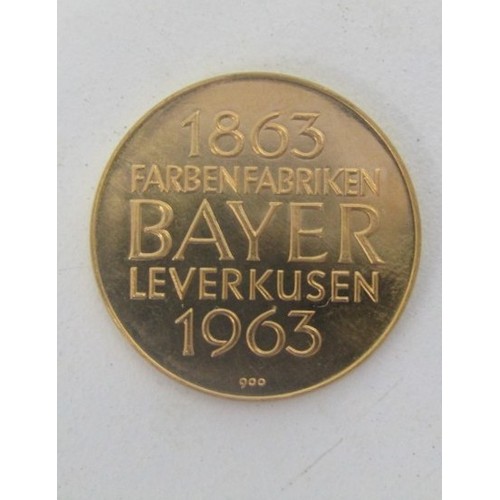 19 - 1963 GERMAN GOLD MEDAL ISSUED BY BAYER FARBENFABRIKEN, a chemical, dye and pharmaceutical company as... 