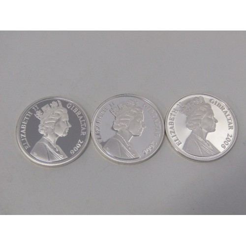 43 - Sterling silver proof crowns x 3: 2006 Gibraltar 5 Pounds Queens Birthday Silver Collection consisti... 