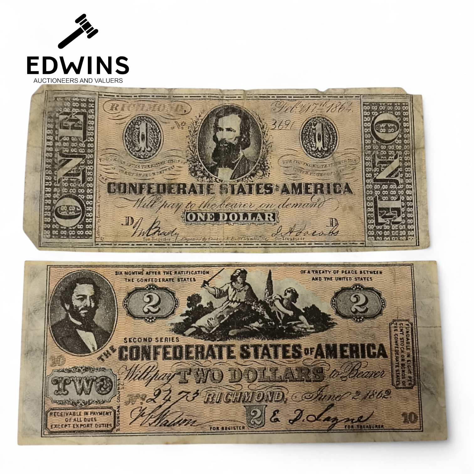 A Confederate States of America Two Dollar Note, dated June 2 1862 ...