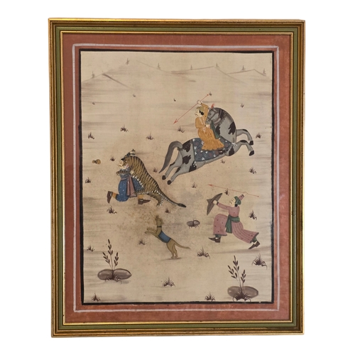 38 - Indian School, late 19th early 2oth century A painted textile panel depicting a tiger hunt.
A Mughal... 