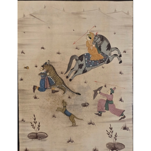 38 - Indian School, late 19th early 2oth century A painted textile panel depicting a tiger hunt.
A Mughal... 