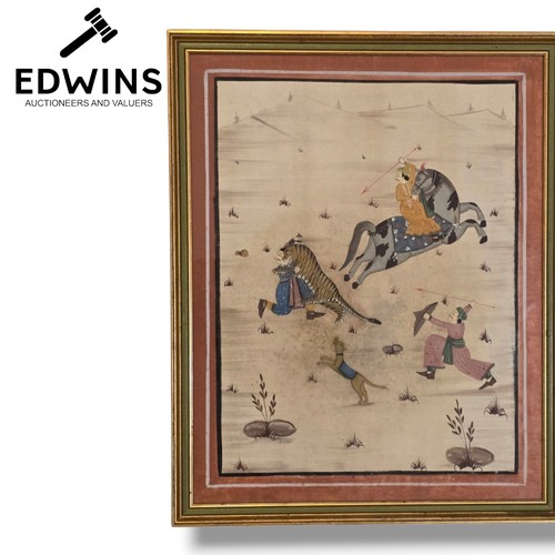 38 - Indian School, late 19th early 2oth century A painted textile panel depicting a tiger hunt.
A Mughal... 