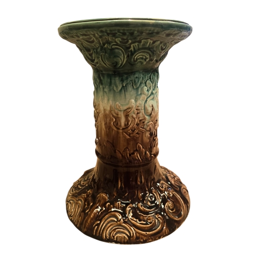 448 - Late Victorian majolica jardinière stand,of cylindrical form with moulded scrolling decoration and f... 