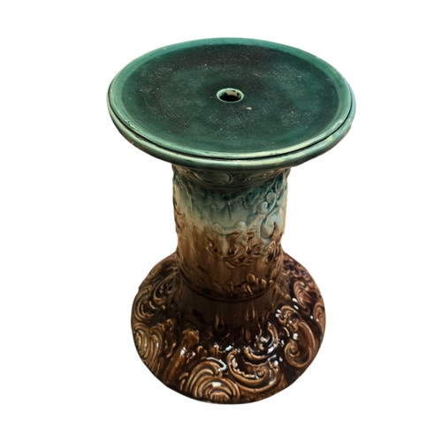 448 - Late Victorian majolica jardinière stand,of cylindrical form with moulded scrolling decoration and f... 