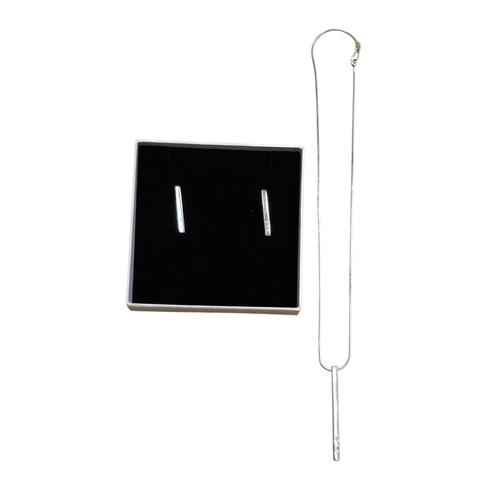13 - Sterling Silver and Diamond Bar Necklace and Earrings Suite, comprising a slender bar pendant neckla... 