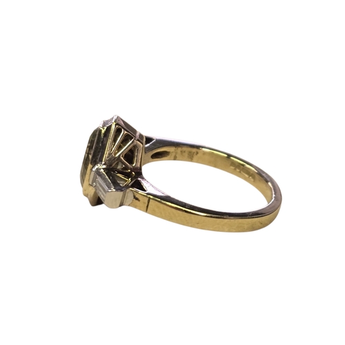 14 - An Art Deco Style 18ct Gold Green Sapphire and Diamond Ring, Set with an elongated hexagonal-cut gre... 