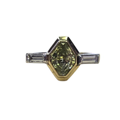 14 - An Art Deco Style 18ct Gold Green Sapphire and Diamond Ring, Set with an elongated hexagonal-cut gre... 
