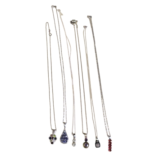 24 - A collection of six 925 silver gem-set pendant necklaces comprising a multi-gem cluster pendant set ... 