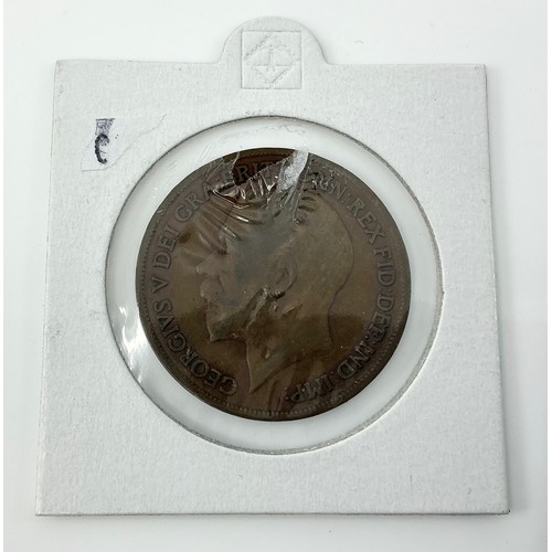 43 - Three coins,
to include a 1918 George V penny, King’s Norton Mint, a 1919 George V penny, King’s Nor... 