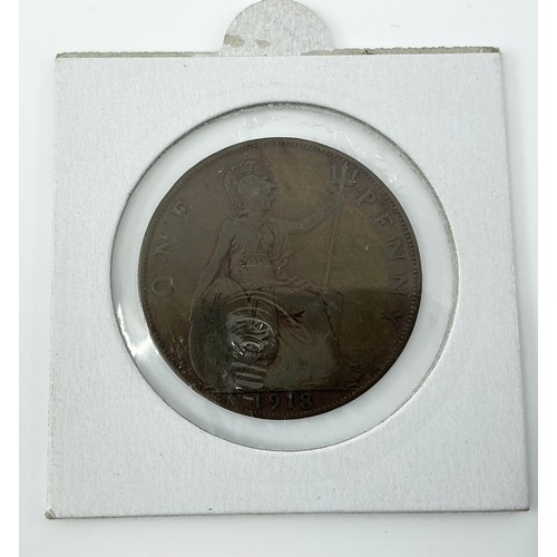 43 - Three coins,
to include a 1918 George V penny, King’s Norton Mint, a 1919 George V penny, King’s Nor... 