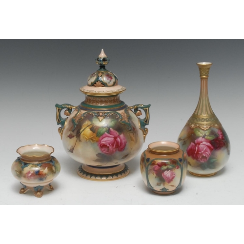 100 - A Royal Worcester James Hadley two handled ovoid vase and cover, decorated with large yellow and red... 