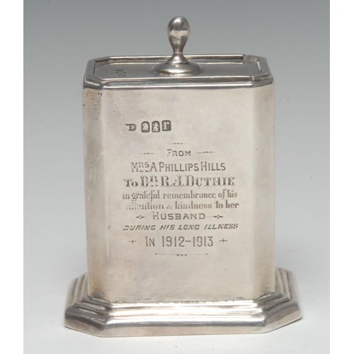 1009 - A Britannia Standard silver canted rectangular caddy, with sliding cover, stepped base, 11.5cm high,... 