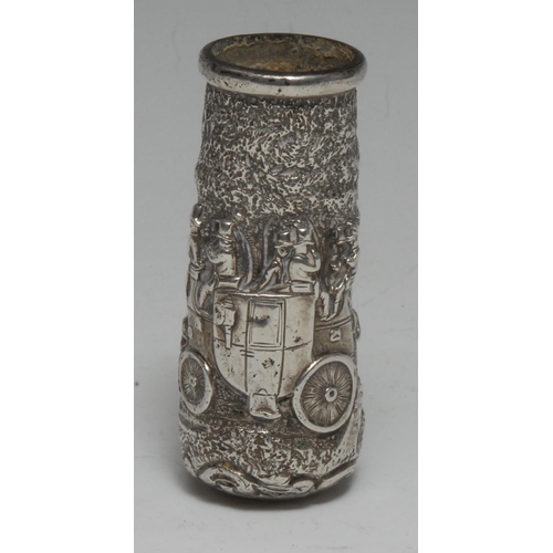 1010 - A 19th century silver coloured metal walking cane or umbrella handle, repousse chased with a coach a... 