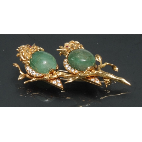 1117 - A fine quality Van Cleef and Arples emerald and diamond brooch, modelled as two birds perched on two... 