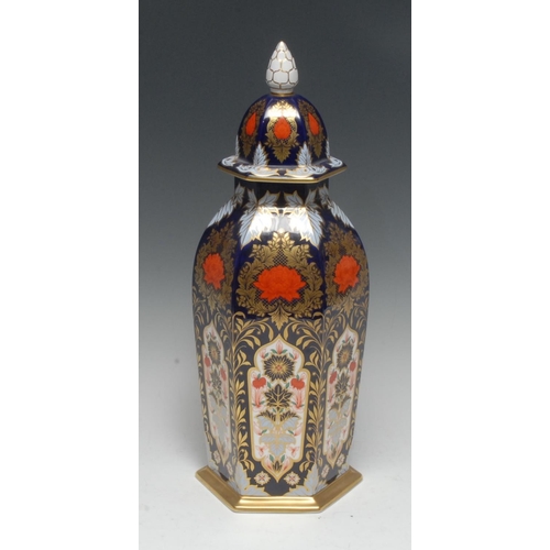 158 - A Lynton Hamilton Imari hexagonal vase and cover, 33cm high, printed mark