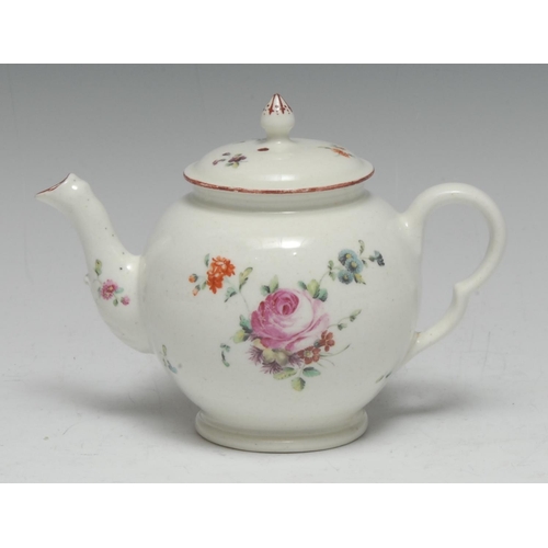 180 - A Derby globular  teapot and cover, painted with bouquet of peonies and other flowers, the ground wi... 