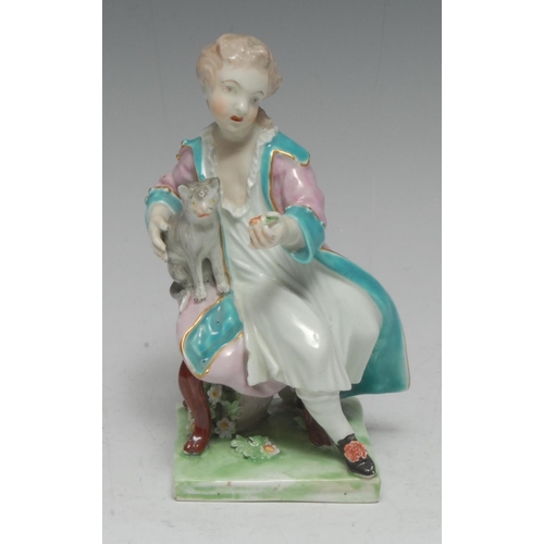 186 - A Derby Patch Mark figure, Boy Seated with Cat, he strokes the tame feline while holding a ripe frui... 