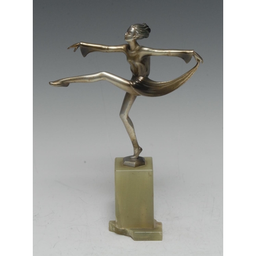 1953 - Josef Lorenzl (1892-1950), an Art Deco silvered bronze, A Dancer, green onyx square plinth and base,... 