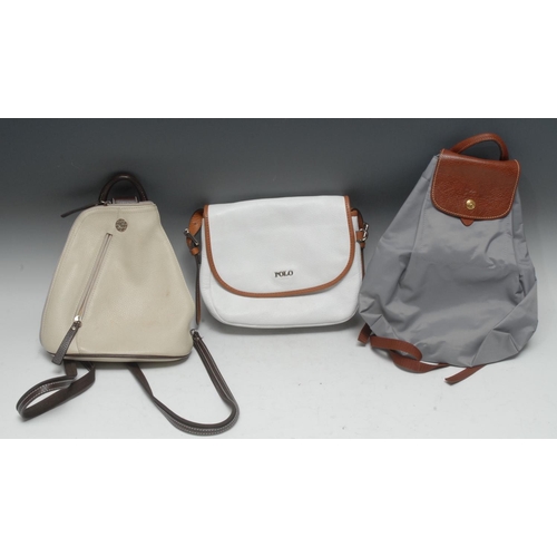 1956B - Luxury Fashion - a Longchamps lady's brown leather and grey fabric lady's shoulder bag, fabric slipc... 