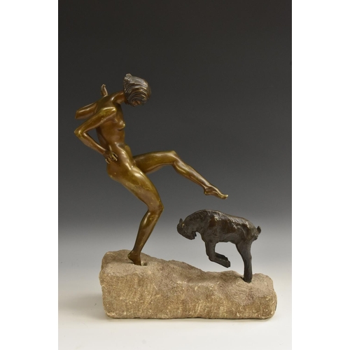 1961 - Marcel Guillemard (1887 - 1966), a dark patinated bronze, of a naked lady with young goat, stone bas... 