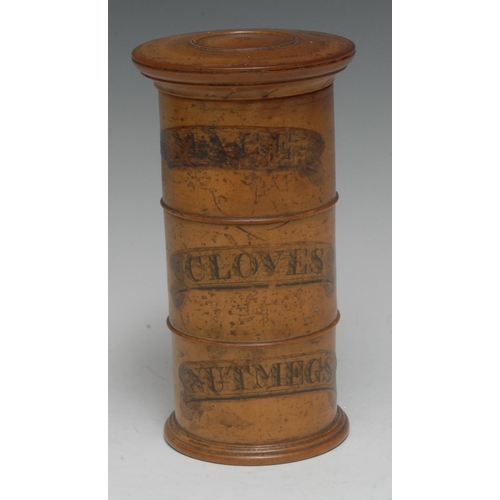 1975 - Treen - an early 19th century turned sycamore three section spice tower, labelled Mace, Cloves and N... 