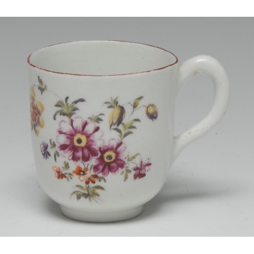 199 - An early Derby coffee cup, painted in the manner of the Cotton-stem Painter with scattered country f... 