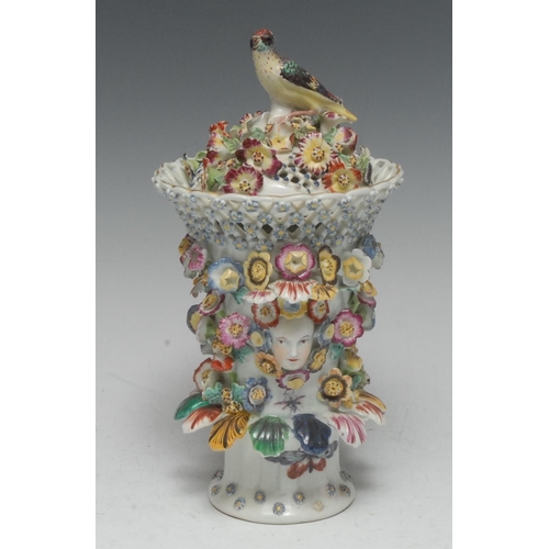 200 - An early Derby flared frill potpourri vase and cover, modelled with a pair of masks and profusely or... 