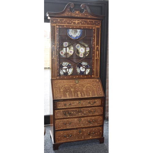 2001 - A George III mahogany and marquetry bureau bookcase, of small proportions, swan neck pediment above ... 