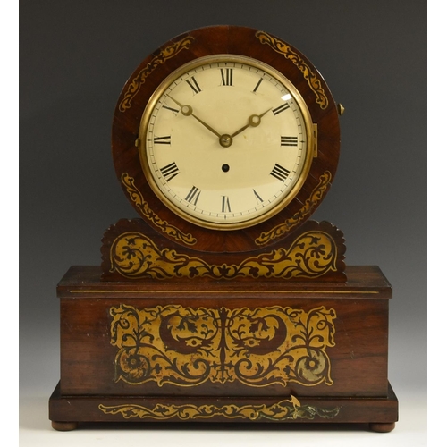 2008 - A post-Regency rosewood and brass marquetry drum-head library timepiece, 17cm painted convex dial in... 