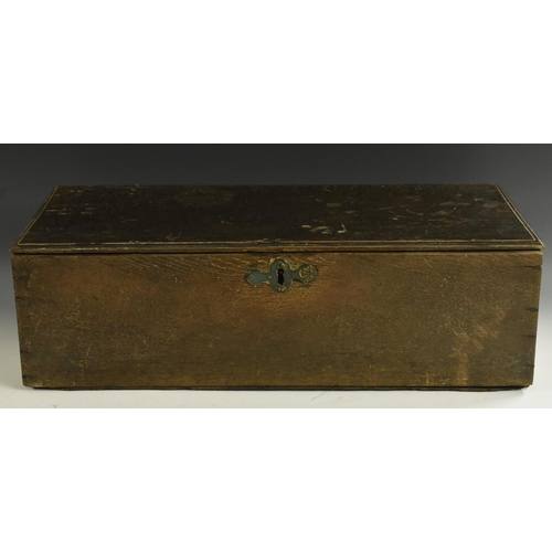 2011 - An early George III oak six-plank boarded table box, hinged cover, brass escutcheon, 64cm wide, c.17... 