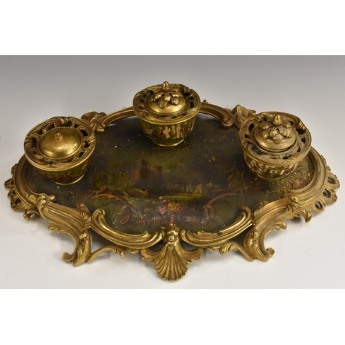 2013 - A Rococo Revival Vernis Martin and gilt metal shaped oval standish, the pounce pot and wells with do... 