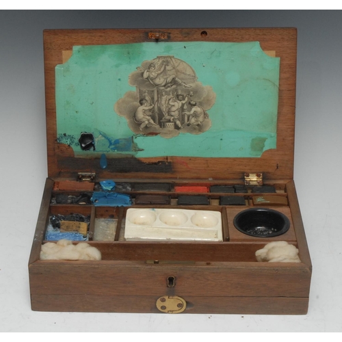 2015 - A George III mahogany rectangular artist's box, hinged cover enclosing colours and paints, a ceramic... 