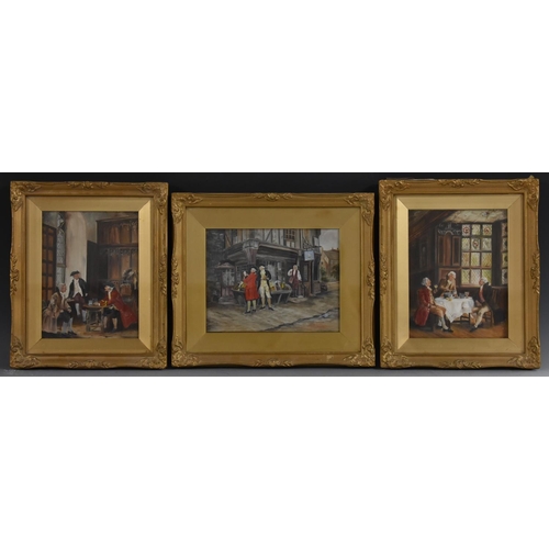 522 - English School (19th century) A set of three, Outside the Bookshop and Tavern Interior oils on board... 