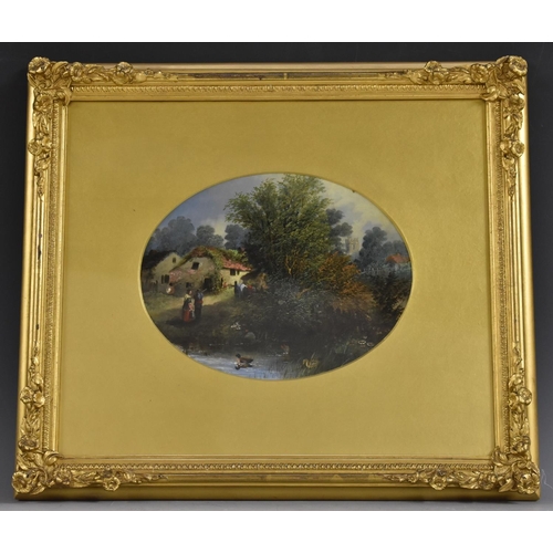 529 - English School (19th century) The Village Pond oil on board, oval mount, 17cm x 21.5cm