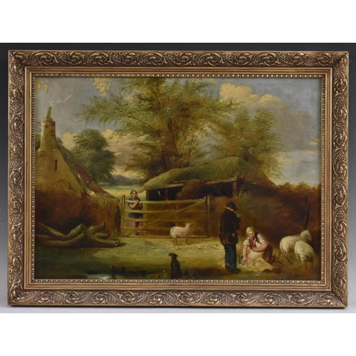 540 - English School (mid-19th century) Sheep Shearing in the Farmyard oil on board, 40cm x 56cm