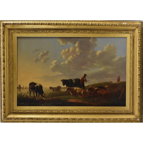 588 - Matthys Quispel  (1805 - 1858) Cattle and Herder oil on canvas, label to verso, oil on canvas, 63cm ... 