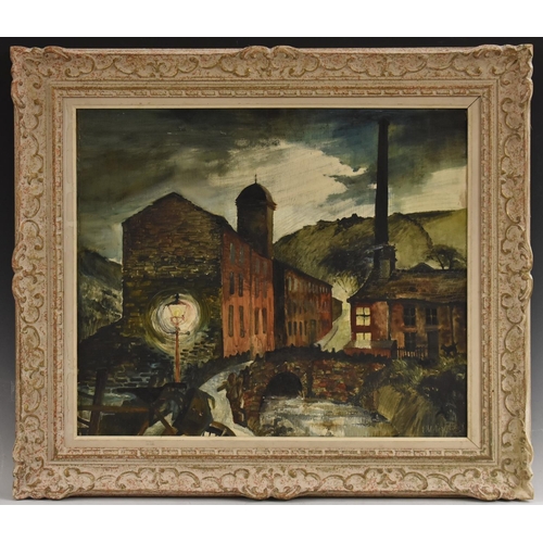 592 - P.M. Hirst (British Modernist)  Northern Mill Town signed and dated '62, oil on board, 53cm x 63cm