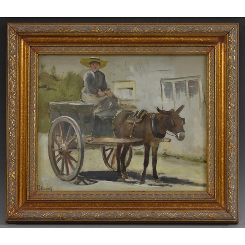 597 - R. Quick (20th century) An Irish Donkey Cart, Donegal  signed, titled and inscribed to verso, oil, 2... 