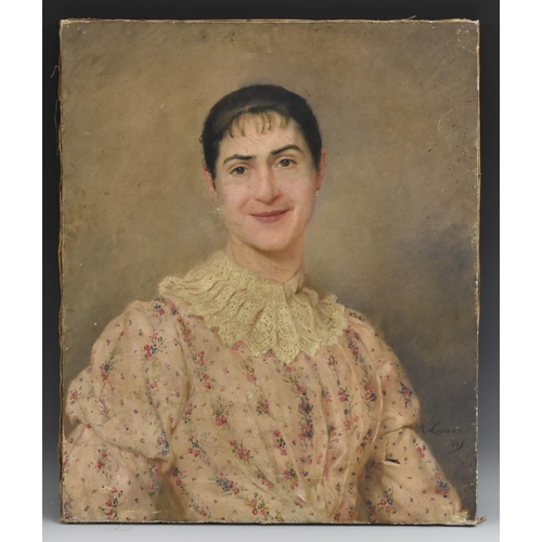 626 - A Larroux (French 19th century) A Knowing Smile, Portrait of a Lady signed, dated 1889, oil on canva... 