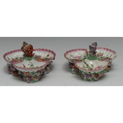 69 - A pair of Worcester scallop shell three-section pickle dishes or sweetmeat stands, encrusted overall... 