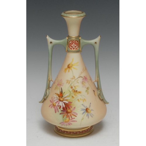 87 - A Royal Worcester two handled ovoid vase, printed and painted with flowers and insects, on a blush i... 