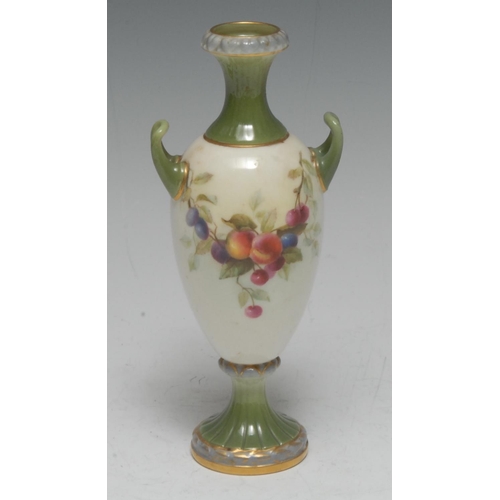 89 - A Royal Worcester slender ovoid two handled vase, painted with fruiting branches, the fluted neck an... 